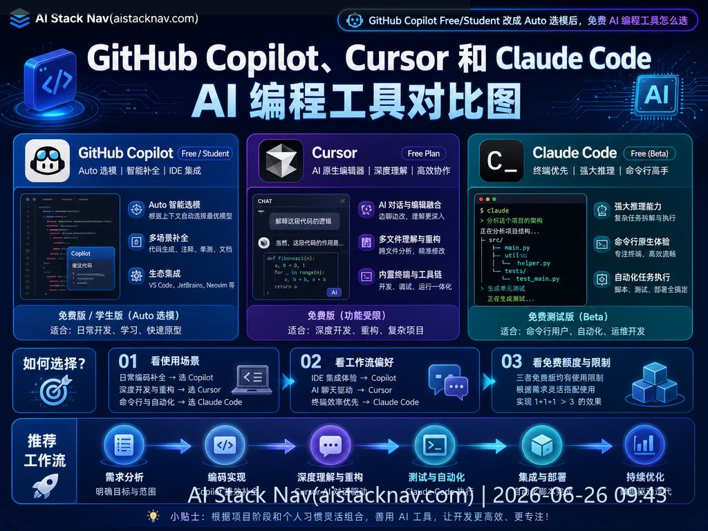 GitHub Copilot、Cursor 和 Claude Code AI 编程工具对比图