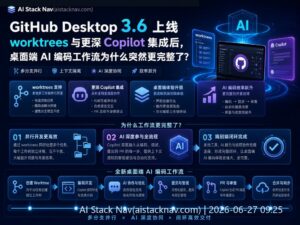 GitHub Desktop 3.6 科技感封面图,深蓝色背景,AI 图标与流程元素