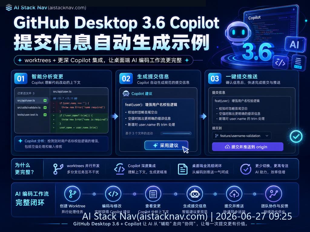 GitHub Desktop 3.6 Copilot 提交信息自动生成示例