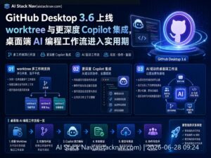 GitHub Desktop 3.6 科技感封面,深蓝色背景,AI 图标与流程元素