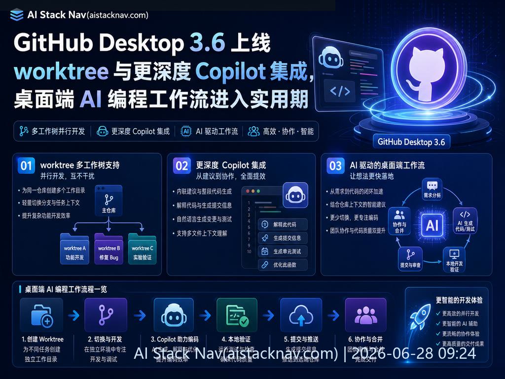 GitHub Desktop 3.6 科技感封面，深蓝色背景，AI 图标与流程元素