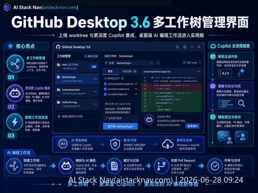 GitHub Desktop 3.6 多工作树管理界面