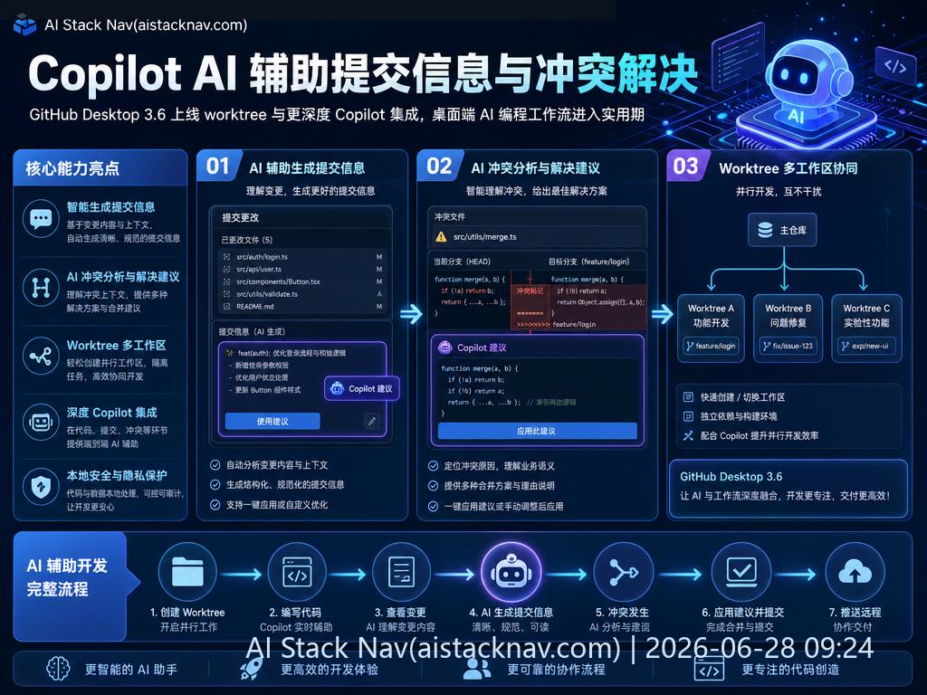 GitHub Desktop 3.6 上线 worktree 与更深度 Copilot 集成，桌面端 AI 编程工作流进入实用期 科技感课程封面海报配图 2