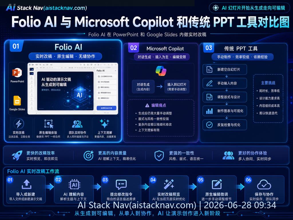 Folio AI 与 Microsoft Copilot 和传统 PPT 工具对比图