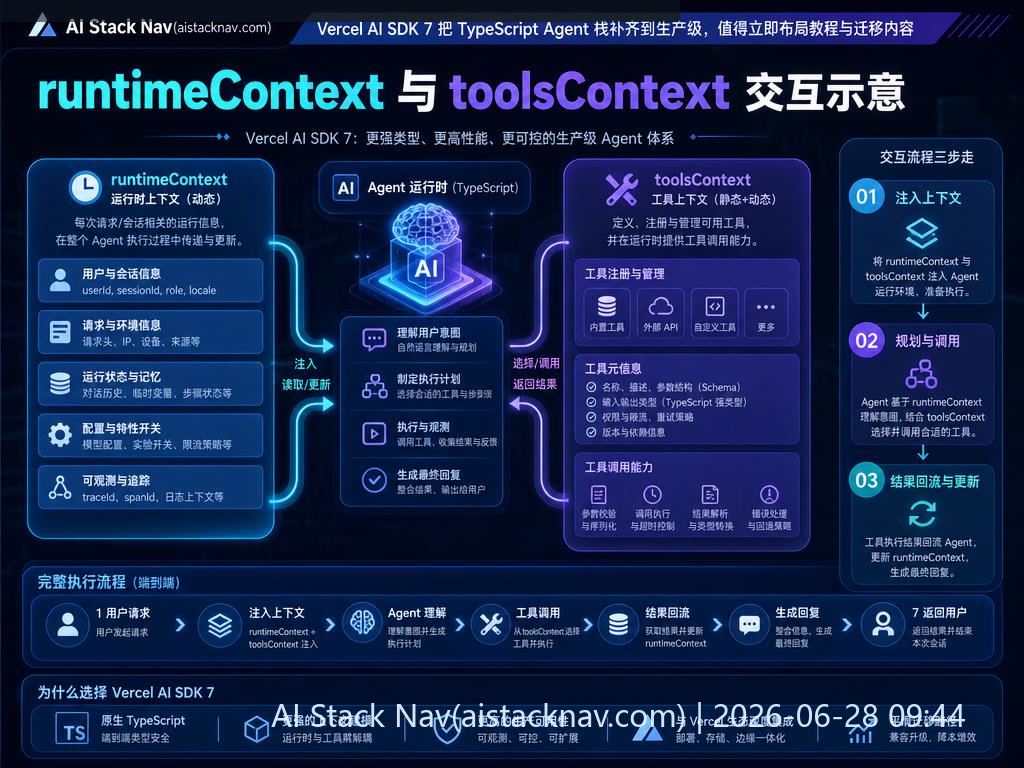 Vercel AI SDK 7 运行时上下文示意图