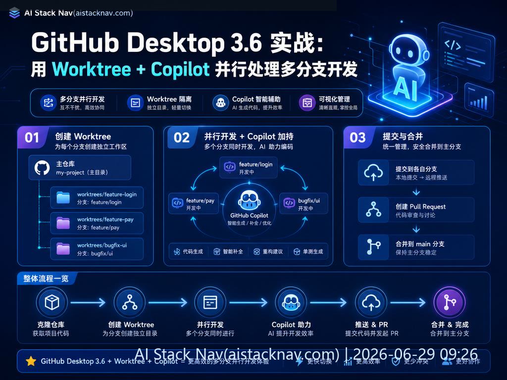 GitHub Desktop 3.6 多分支开发与 Copilot 集成示意图