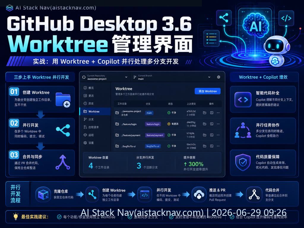 GitHub Desktop 3.6 实战：用 Worktree + Copilot 并行处理多分支开发 科技感课程封面海报配图 1