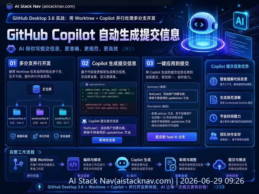 GitHub Desktop 3.6 实战：用 Worktree + Copilot 并行处理多分支开发 科技感课程封面海报配图 2