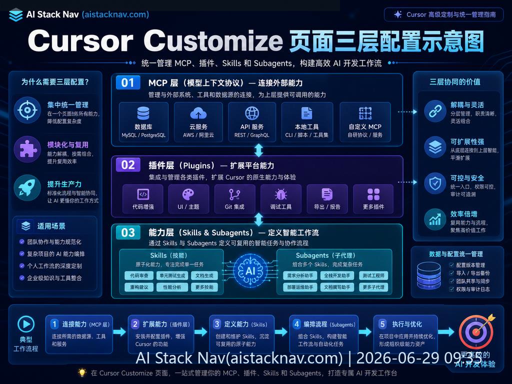 Cursor Customize 全解析：如何统一管理 MCP、插件、Skills 和 Subagents 科技感课程封面海报配图 1
