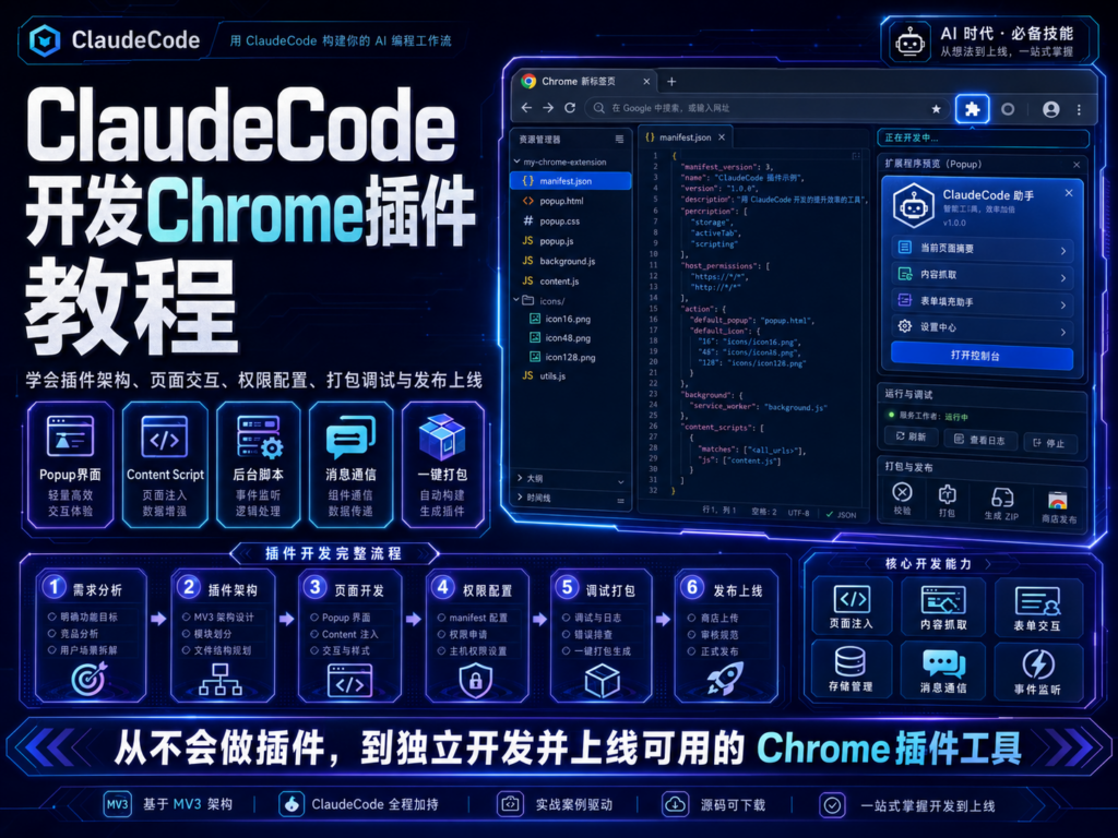Claude Code 开发 Chrome 插件教程封面图，展示网页摘要、保存记录和导出文件全流程