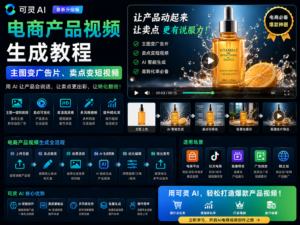 可灵 AI 电商产品视频生成教程封面图，展示主图变广告片、卖点变短视频、图生视频和剪辑导出的完整流程。