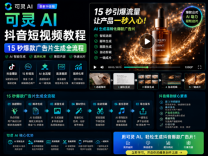 可灵 AI 抖音短视频教程封面图，展示 15 秒爆款广告片从脚本、分镜到成片导出的完整流程。