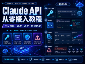 Claude API 从零接入教程封面，展示 Key 获取、调用、计费和报错处理流程