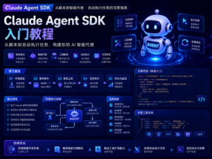 Claude Agent SDK 入门教程封面，展示 AI Agent 自动执行任务流程和代码终端界面