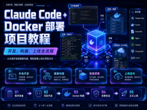 Claude Code + Docker 部署项目教程封面图，展示 AI 编程、容器构建、项目上线和自动化部署流程