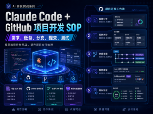 Claude Code + GitHub 项目开发 SOP 教程封面，展示需求、任务、分支、提交、测试和 Pull Request 全流程。