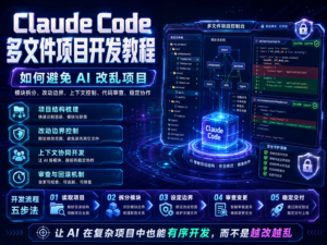 Claude Code 多文件项目开发教程封面，展示需求、任务、分支、代码修改、测试、审查和回滚流程