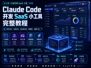 Claude Code 开发 SaaS 小工具完整教程封面图，展示 AI 编程、前端后台、数据模型、权限订阅和部署上线流程。