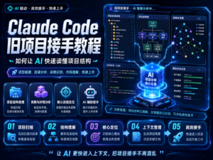 Claude Code 旧项目接手教程封面图，展示 AI 扫描项目结构、生成项目地图、CLAUDE.md 和风险清单的开发工作流。