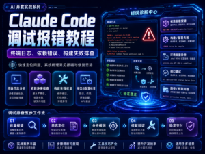 Claude Code 调试报错教程封面，展示终端日志、依赖错误、构建失败和 AI 排查流程
