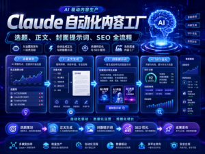 Claude 自动化内容工厂教程封面，展示选题、正文、封面提示词和 SEO 全流程
