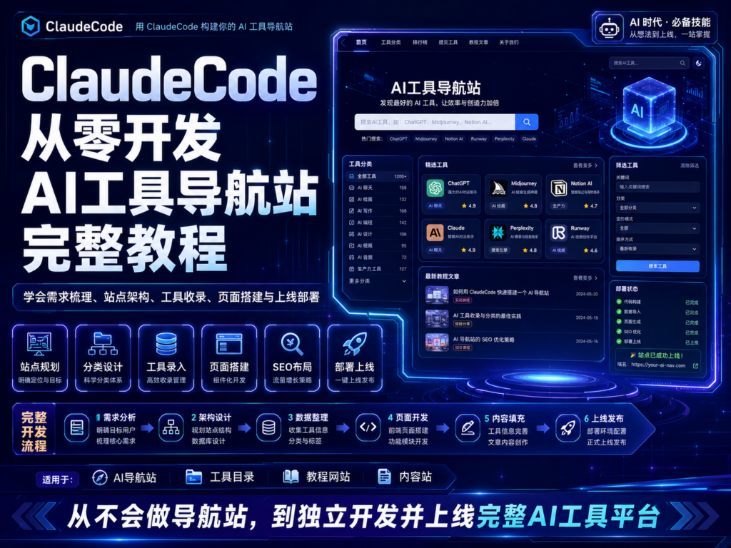 Claude Code 从零开发 AI 工具导航站完整教程封面图，展示项目规划、数据模型、页面开发、搜索筛选和部署上线流程