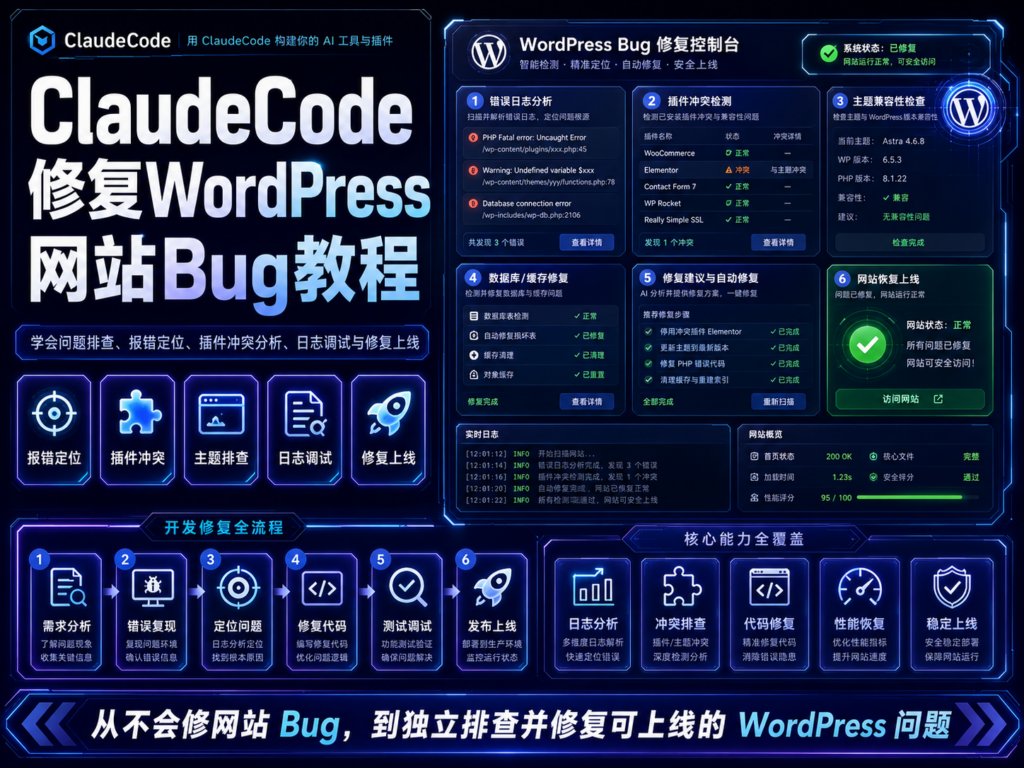 Claude Code 修复 WordPress 网站 Bug 教程封面图，展示排查、修改、测试、上线和回滚流程