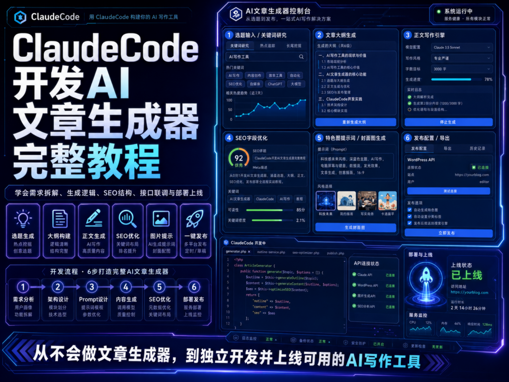 Claude Code 开发 AI 文章生成器教程封面图，展示标题、正文、FAQ、SEO 字段和多格式导出流程