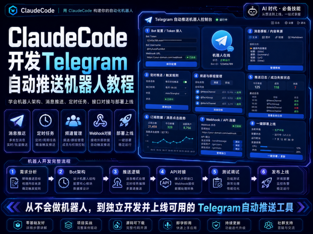 Claude Code 开发 Telegram 自动推送机器人教程封面图，展示 BotFather、Token、定时推送、消息模板、部署上线流程