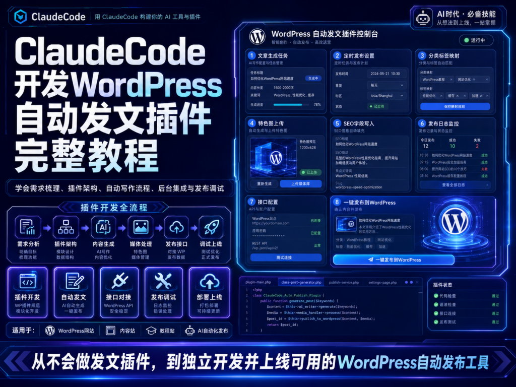 Claude Code 开发 WordPress 自动发文插件完整教程封面图，展示插件结构、REST API、自动发文、SEO 字段和部署检查流程