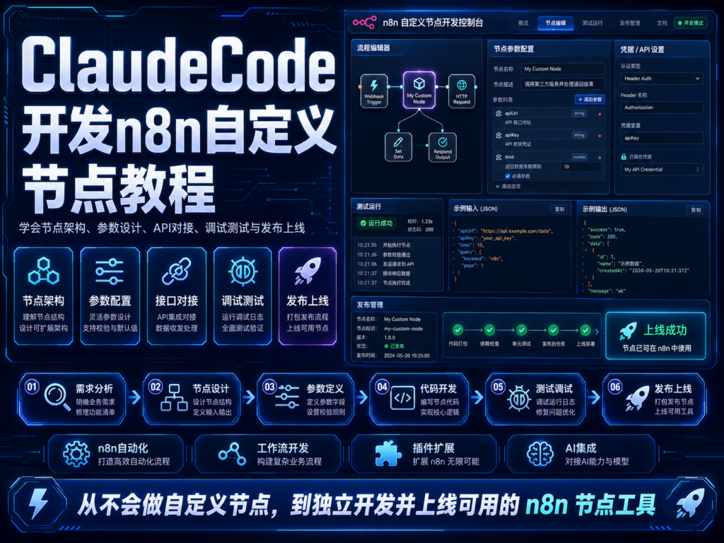 Claude Code 开发 n8n 自定义节点教程封面图，展示 TypeScript 节点、Credentials、Workflow 和发布检查流程