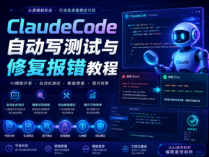 Claude Code 自动写测试与修复报错教程封面图，展示测试生成、失败日志分析、最小修复和回归测试流程