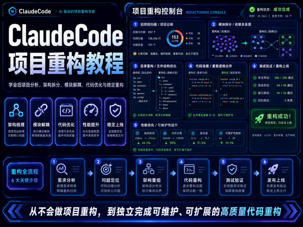 Claude Code 项目重构教程封面图，展示旧项目体检、重构计划、小步修改、测试和上线流程