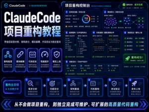 Claude Code 项目重构教程封面图，展示旧项目体检、重构计划、小步修改、测试和上线流程