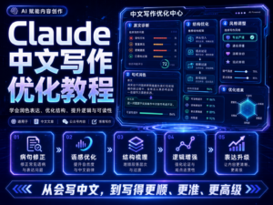 Claude 中文写作优化教程封面图，展示去 AI 味、中文语感、自然表达、段落节奏和真人化改写流程