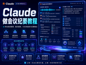 Claude 做会议纪要教程封面图，展示录音转文字、议题拆分、决议提炼、任务分派和正式纪要生成流程