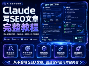 Claude 写 SEO 文章完整教程封面图，展示关键词、结构、FAQ、摘要和 SEO 字段一键生成流程