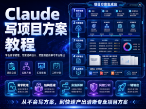 Claude 写项目方案教程封面图，展示背景、目标、措施、预算和进度表生成流程