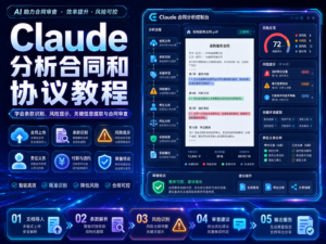 Claude 分析合同和协议教程封面图，展示条款提取、风险点识别、修改建议和人工复核流程