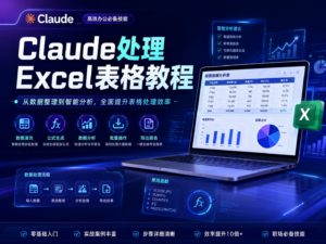 Claude 处理 Excel 表格教程封面图，展示数据清洗、分类、统计和分析报告生成流程