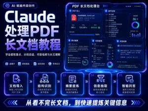 Claude 处理 PDF 长文档教程封面图，展示上传、总结、提炼重点、证据核查和生成报告流程