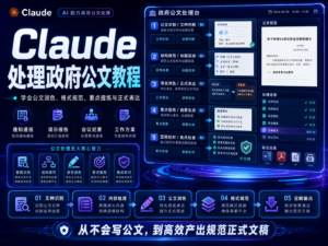 Claude 处理政府公文教程封面图，展示通知、方案、报告、责任书写作模板和审核流程