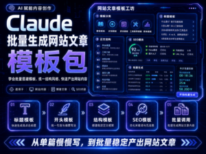 Claude 批量生成网站文章模板包封面图，展示 AI 工具站文章批量生成、SEO 字段、FAQ 和资料包转化流程