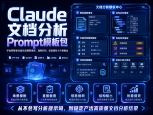 Claude 文档分析 Prompt 模板包封面图，展示 PDF、Word、Excel、网页分析、证据核查和报告生成流程