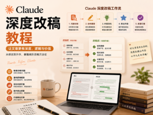 Claude 深度改稿教程封面图，展示从普通文章到专业长文的诊断、重构、增补、润色和质检流程