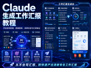 Claude 生成工作汇报教程封面图，展示周报、月报、工作总结、述职报告生成和发布前质检流程