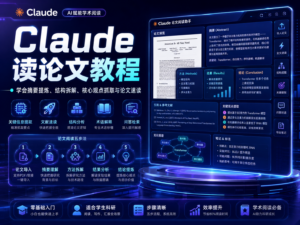 Claude 读论文教程封面图，展示摘要、创新点、方法、结论和阅读报告一键提取流程