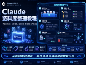 Claude 资料库整理教程封面图，展示资料盘点、分类标签、知识卡片、FAQ 和结构化知识库流程