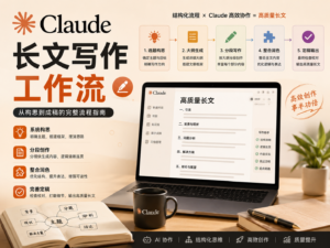 Claude 长文写作工作流封面图，展示从选题、提纲到成稿、SEO 和发布检查的完整流程