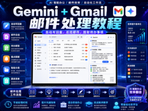 Gemini + Gmail 邮件处理教程封面，展示自动写回复、总结邮件和提取待办事项的 AI 办公流程